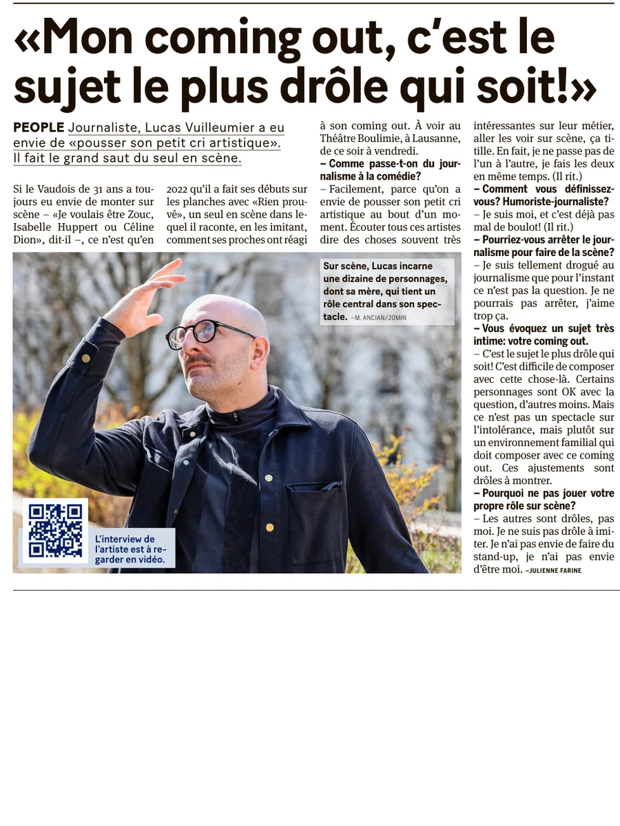 Article « « Mon coming out, c'est le sujet le plus drôle qui soit ! » », 20 minutes