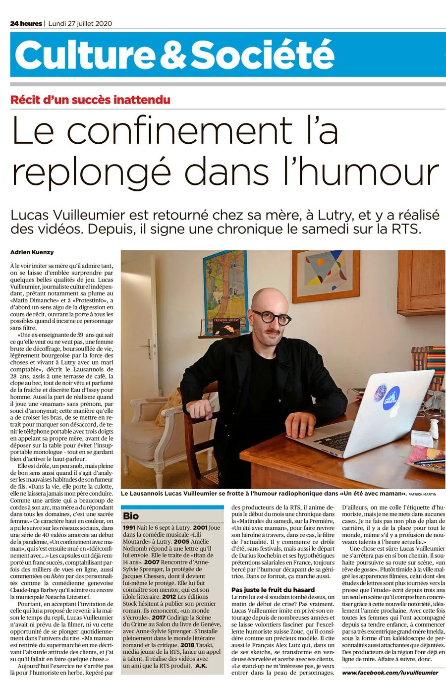 Article « Le confinement l'a replongé dans l'humour », 24 heures