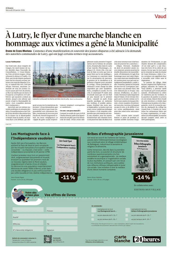 Article « À Lutry, le flyer d'une marche blanche en hommage aux victimes a gêné la Municipalité », 24 heures