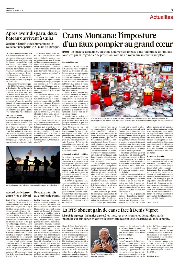 Article « Crans-Montana : l'imposture d'un faux pompier au grand cœur », 24 heures