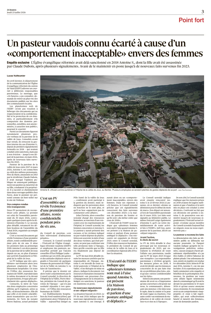 Article « Un pasteur vaudois connu écarté à cause d'un « comportement inacceptable » envers des femmes », 24 heures
