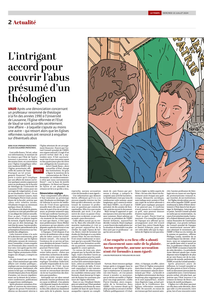 Article « L'intrigant accord pour couvrir l'abus présumé d'un théologien », Le Temps