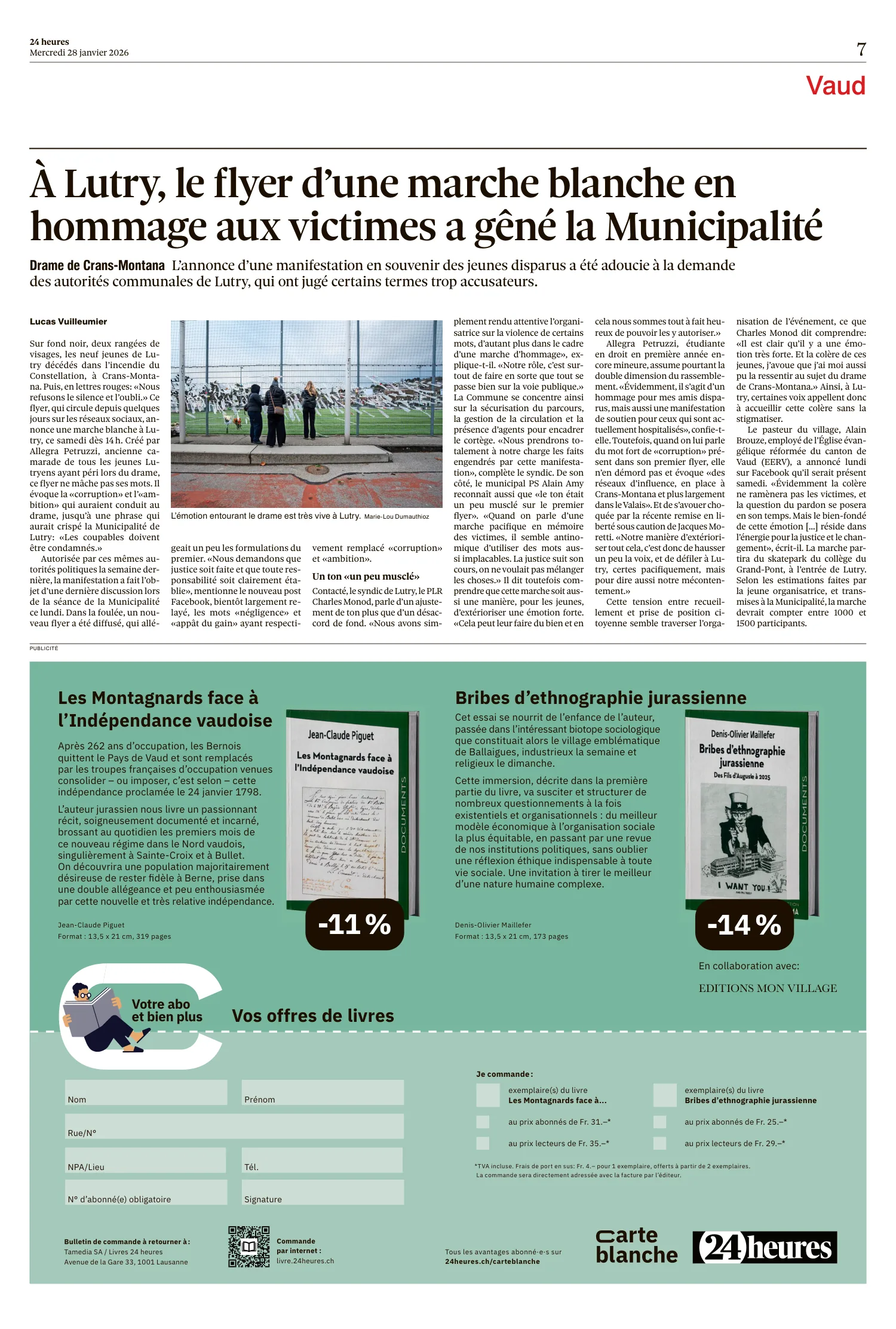 À Lutry, le flyer d'une marche blanche en hommage aux victimes a gêné la Municipalité — page 1