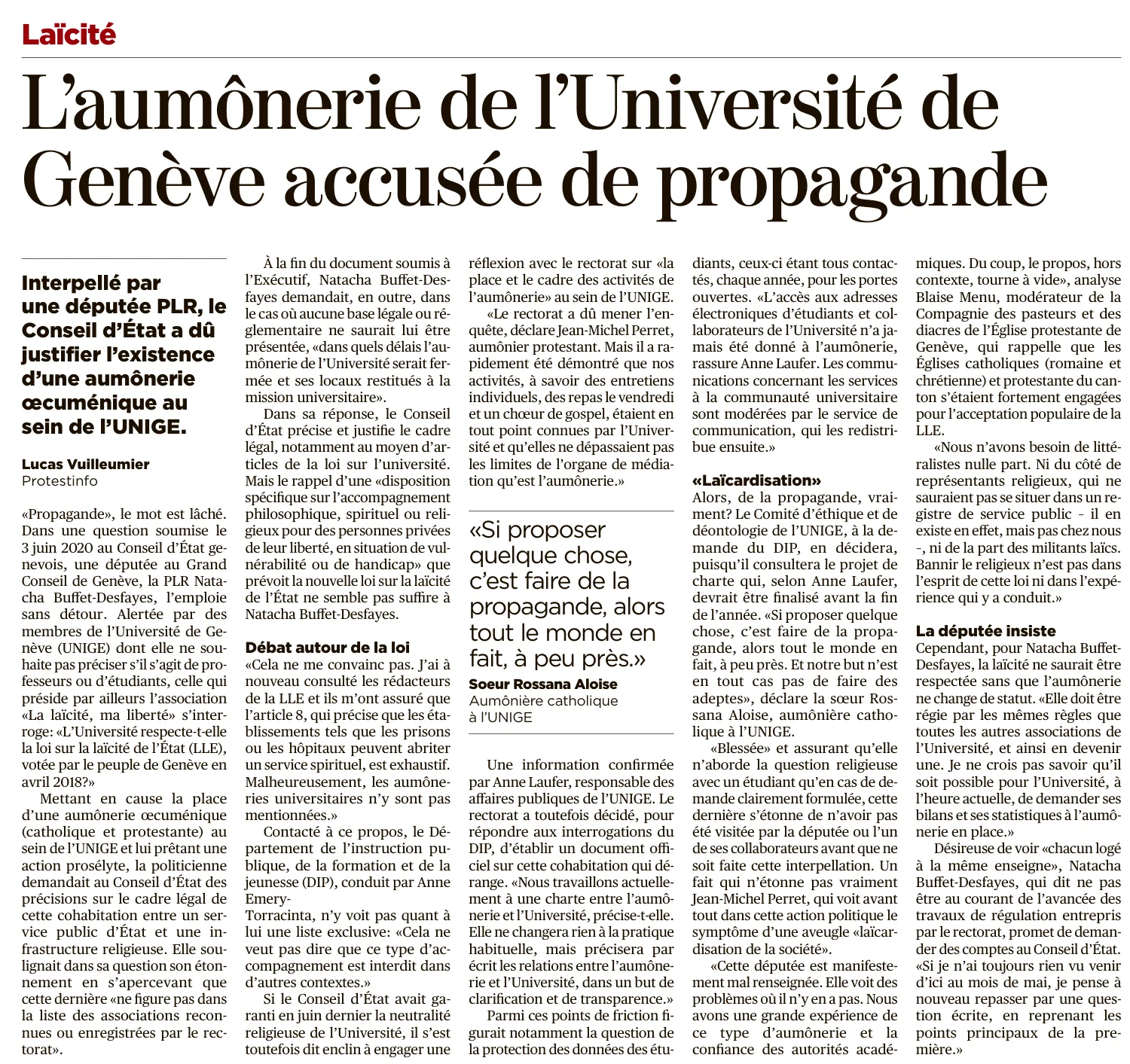 L'aumônerie de l'Université de Genève accusée de propagande — page 1