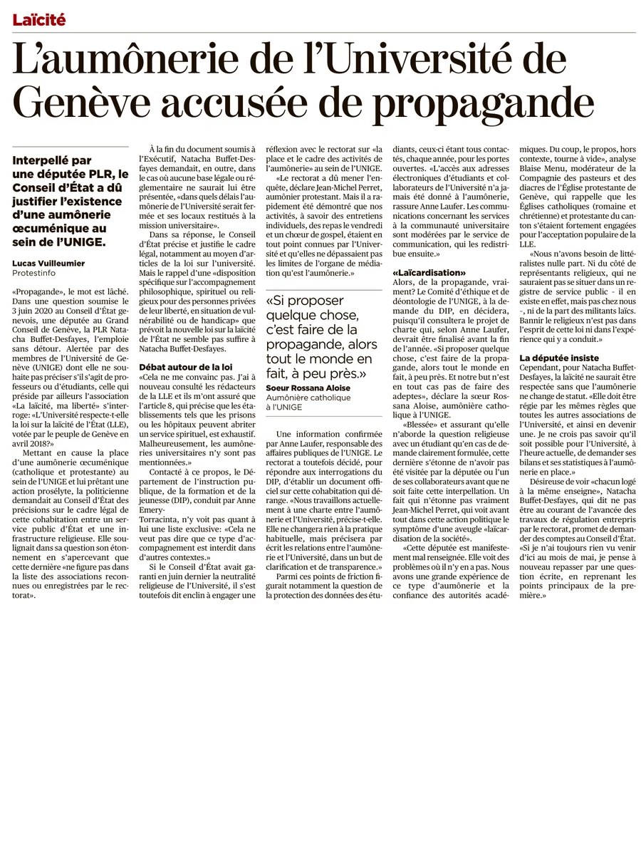 Article « L'aumônerie de l'Université de Genève accusée de propagande », Tribune de Genève
